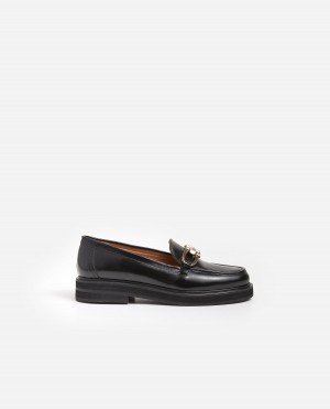 Black Flattered Samantha Leather Shoes Loafers | YNZVQ61202