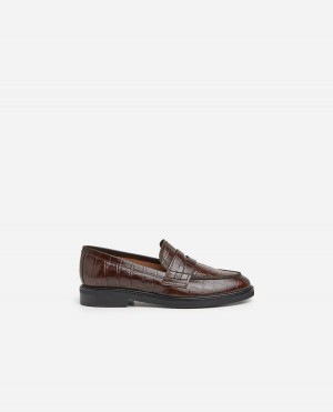 Brown Flattered Sara Croco Leather Shoes Loafers | NZQAV67095