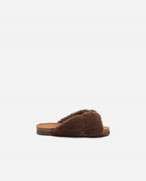 Dark Brown Flattered Lou Teddy Shoes Sandals | ZNZNQ31982