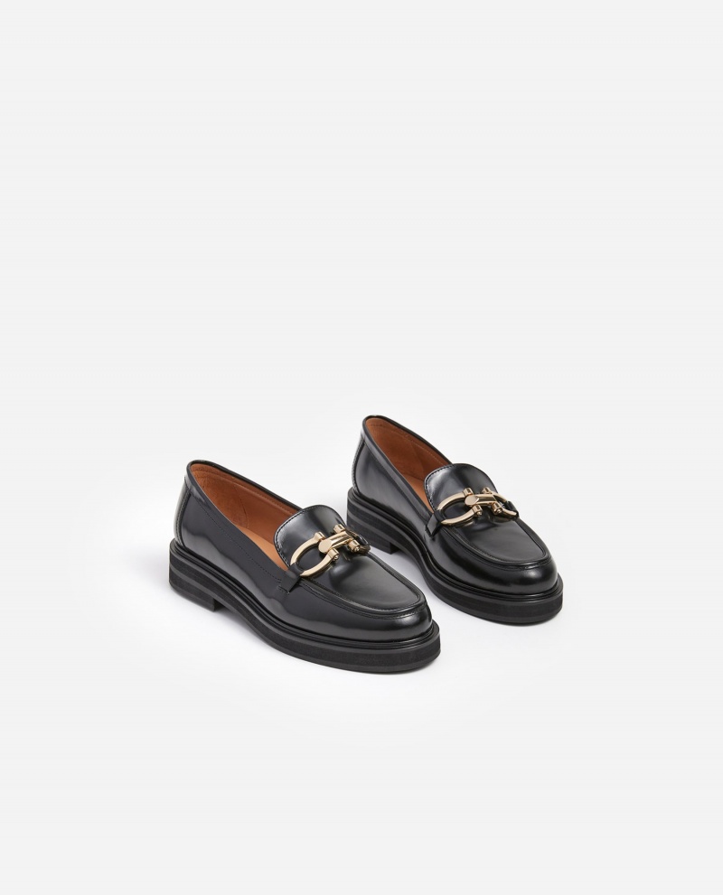 Black Flattered Samantha Leather Shoes Loafers | YNZVQ61202