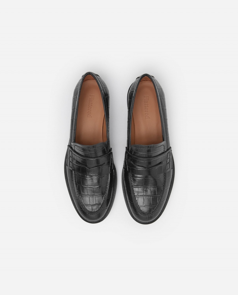 Black Flattered Sara Croco Leather Shoes Loafers | MNZFT88093