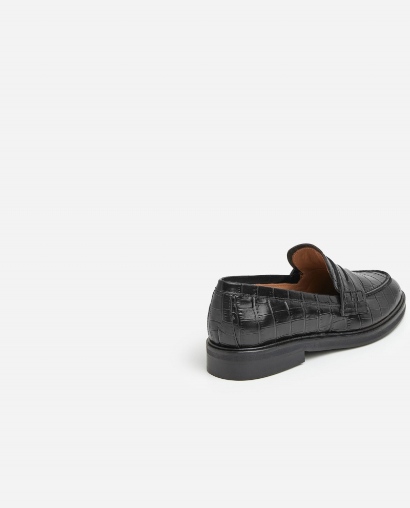 Black Flattered Sara Croco Leather Shoes Loafers | MNZFT88093