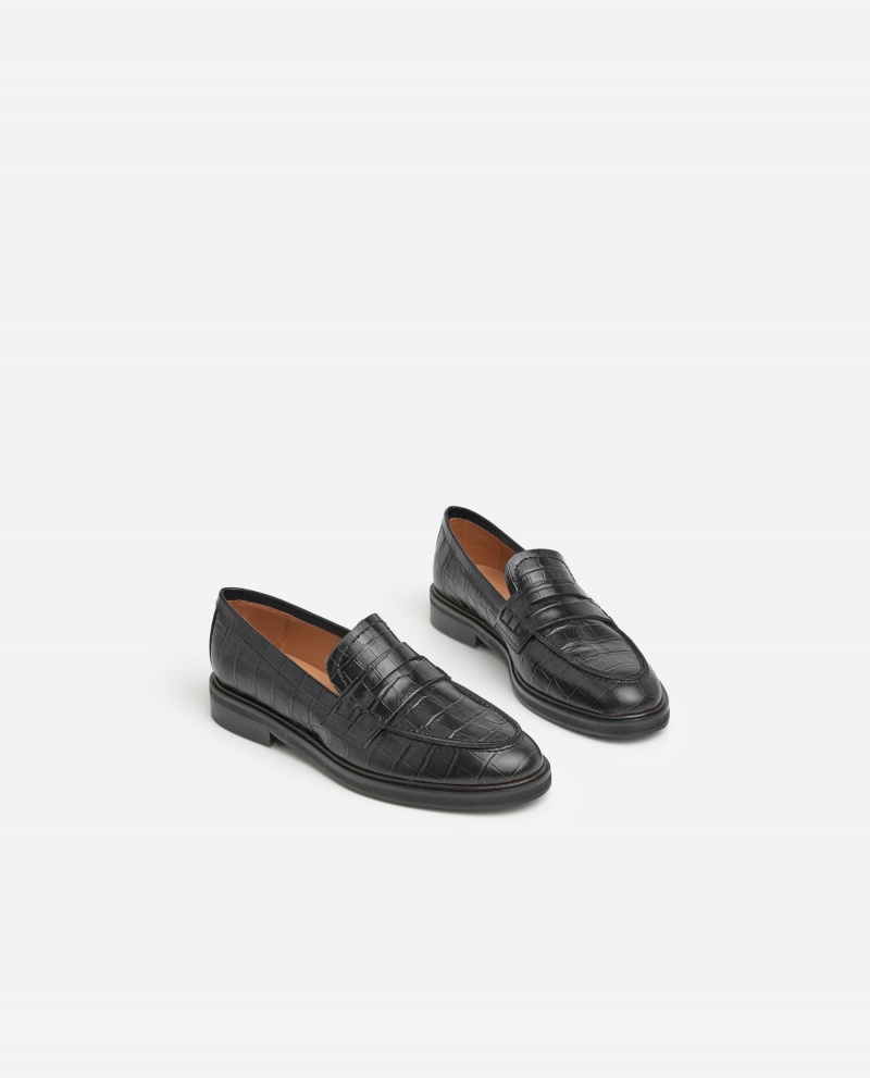 Black Flattered Sara Croco Leather Shoes Loafers | MNZFT88093