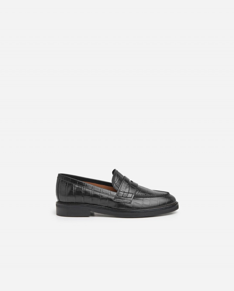 Black Flattered Sara Croco Leather Shoes Loafers | MNZFT88093