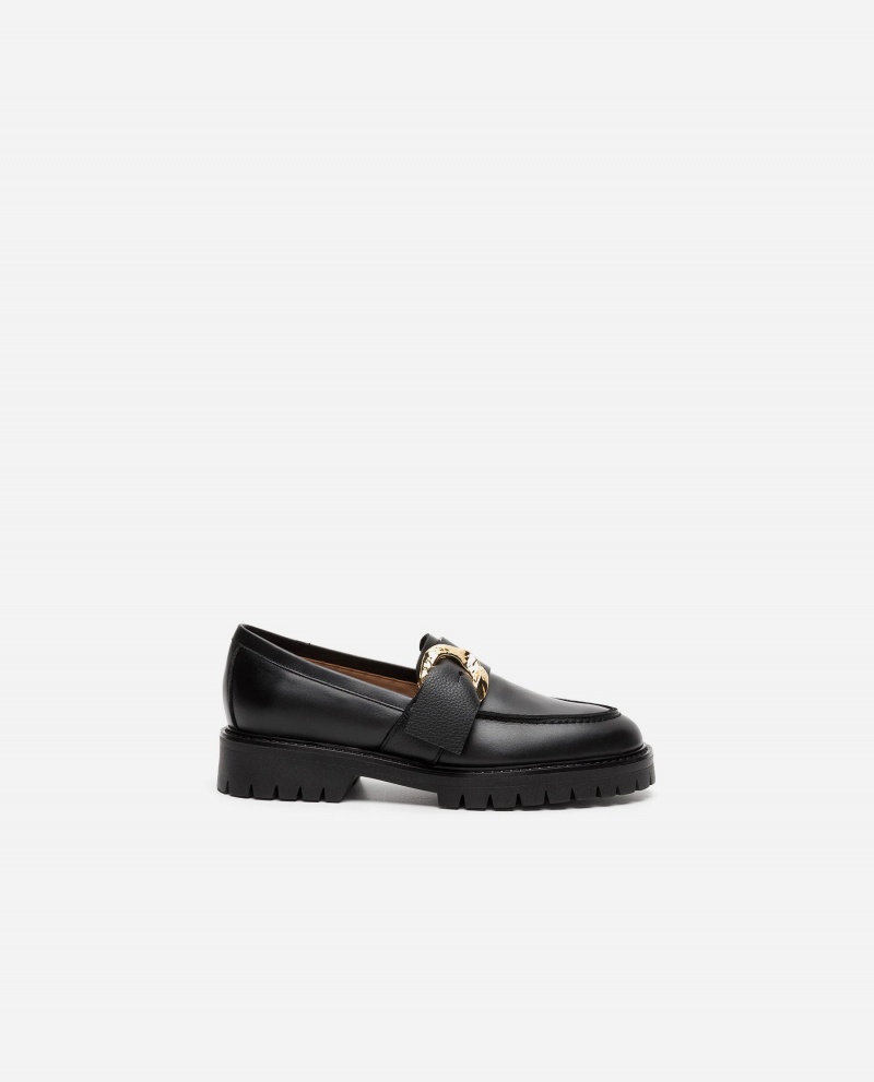 Black Flattered Stella Leather Shoes Loafers | FNZHY76231